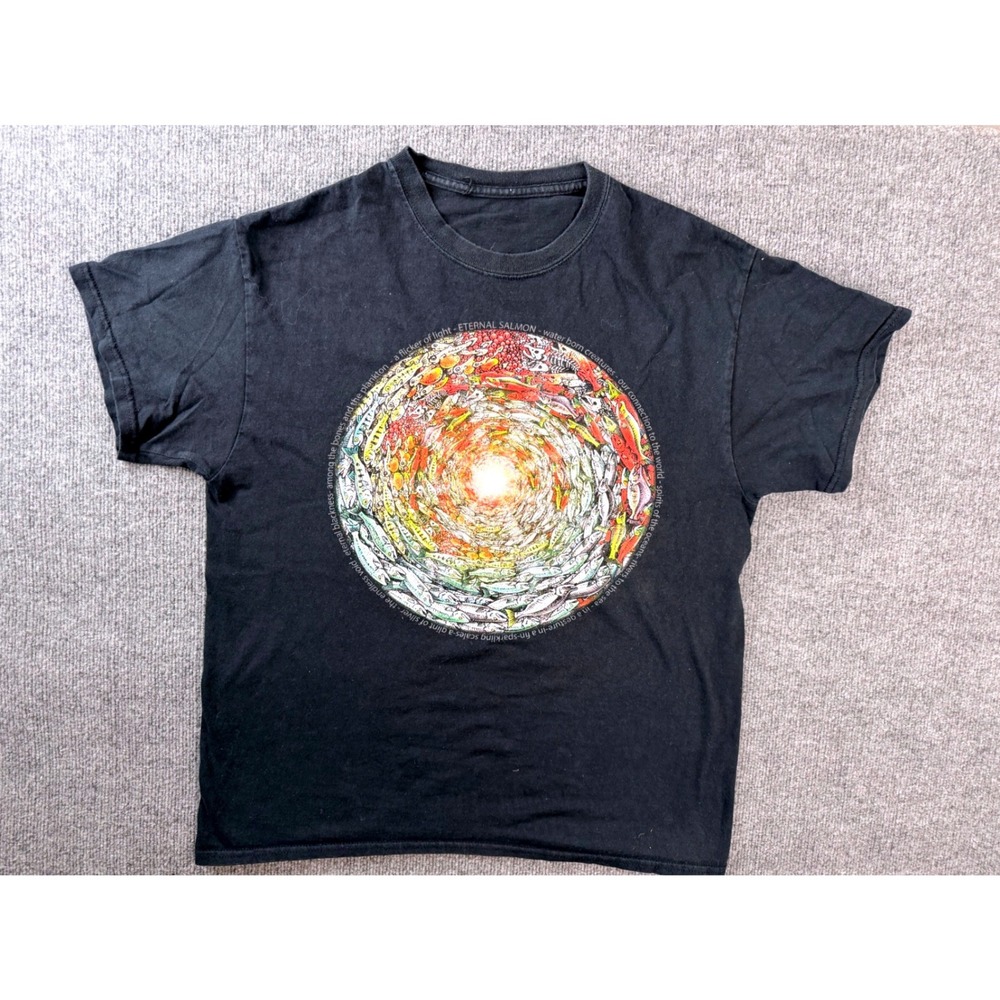 Ray Troll Eternal Salmon Graphic Tee Black M Mens Cotton Fish Art T-Shirt Y2K